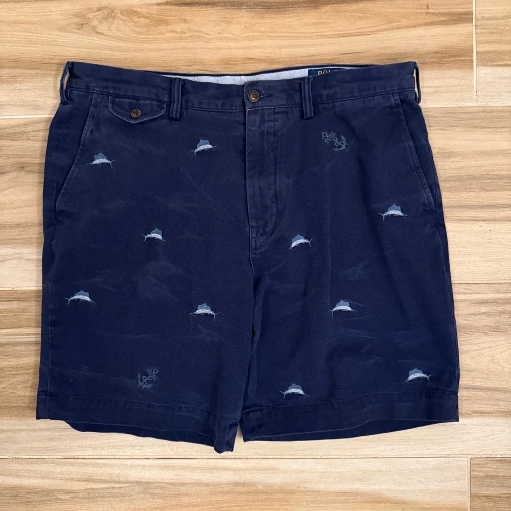 Polo Ralph Lauren Mens Navy Blue Marlin Anchor Embroidered Shorts Classic Fit 36